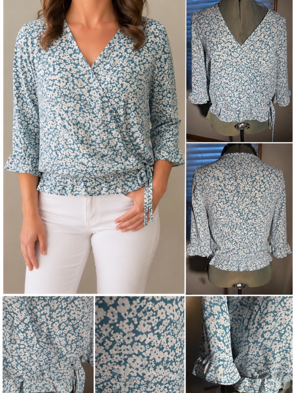 Sienna Sky Teal and White Floral Wrap Top with Waist Tie